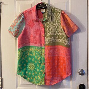 NEW Farm Rio for Anthropologie Sz L Blouse Shirt Short Sleeve Multi Patchwork